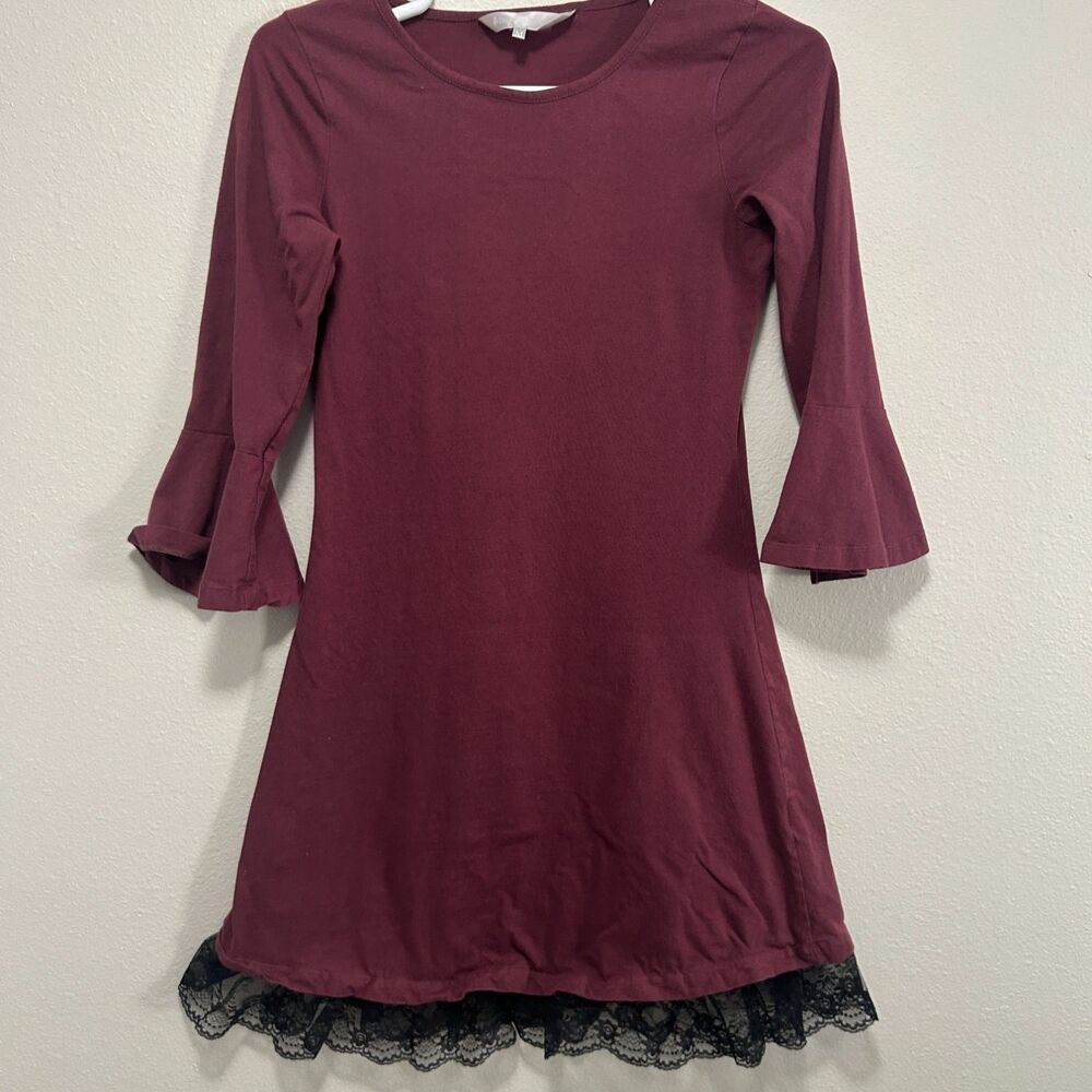 The Royal Standard Burgundy Bell Sleeve Dress Womens M Black Lace Trim Cotton